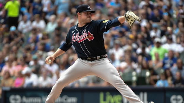Jul 23, 2023; Milwaukee, Wisconsin, USA; Atlanta Braves pitcher Bryce Elder (55) pitches against the Milwaukee Brewers in the first inning at American Family Field.